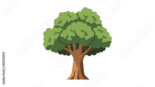 A pixelated illustration of a deciduous tree with a thick brown trunk and a full green canopy