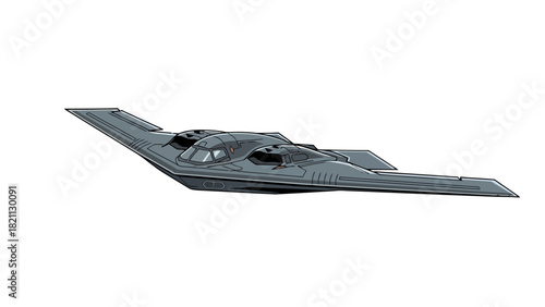 A pixelated illustration of a stealth bomber in flight against a white background