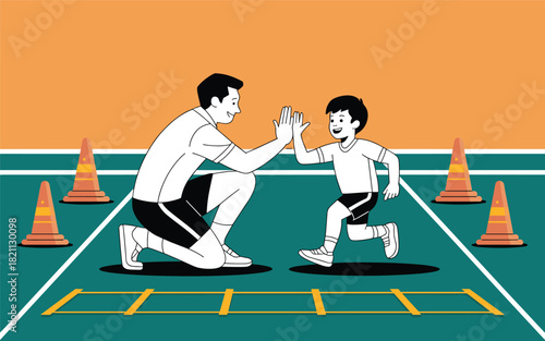 Active child high-fiving coach on sports field during training