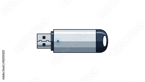 A pixelated USB flash drive with a blue indicator light
