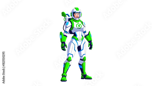A pixelated woman in a white and green scifi suit with a backpack