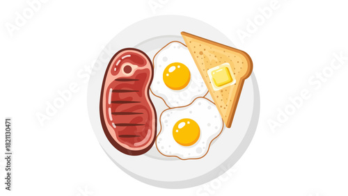 A plate with a steak two fried eggs and toast with butter