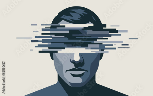 Digital Glitch Affecting Human Head and Mind Concept, Abstract Representation