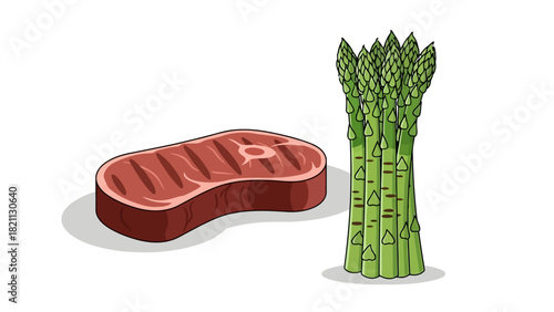 A raw steak and a bundle of asparagus on a white background