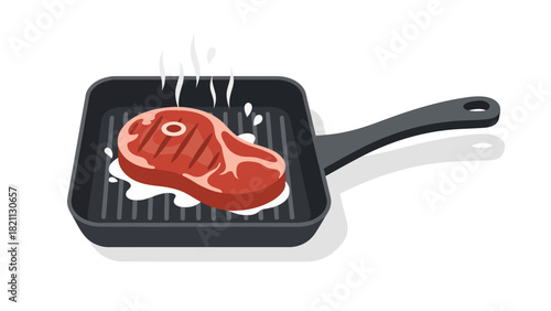A raw steak is grilled in a black grill pan with steam rising