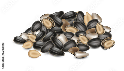 Handful of scattered sunflower seeds on a white background, close-up