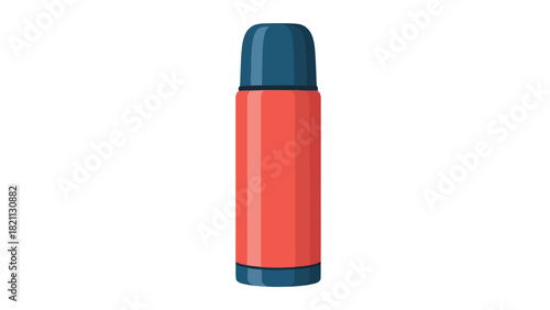 A red and blue thermos is shown against a white background