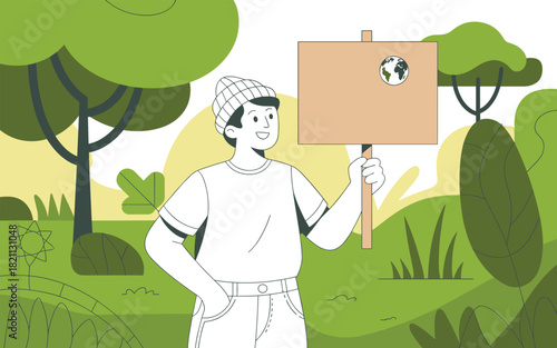 Environmental Activist Holding a Sign in a Lush Green Nature Landscape