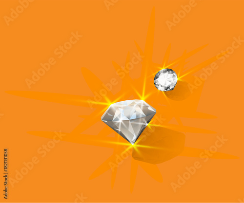 Two sparkling diamonds shimmering against an orange backdrop, capturing the essence of luxury and brilliance. Two Brilliant Diamonds with Glimmering Light on Orange