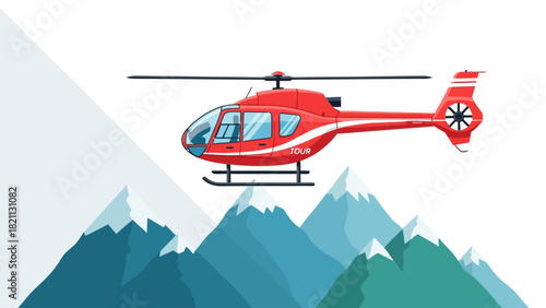 A red helicopter flies over a range of tealcolored mountains