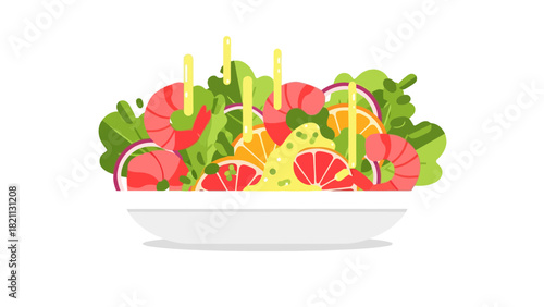 A salad with shrimp citrus and dressing in a white bowl
