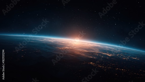 宇宙から見る地球と日の出 迫力ある宇宙風景CGイメージ