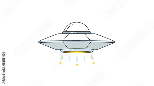 A silver flying saucer with a dome and glowing lights
