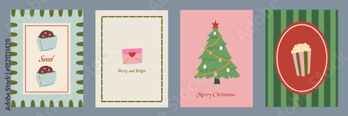 Christmas card designs set. Modern winter template cute hand drawn vector with christmas tree, letter, dessert, popcorn, cookie elements. Vintage italian whimsical style. La dolce Vita.