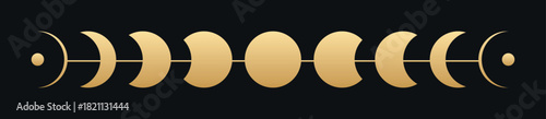 Golden moon phase vector with spiritual celestial orbit design and circular dots, elegant mystic astrology line art on black background, lunar cycle esoteric decorative symbol in boho aesthetic