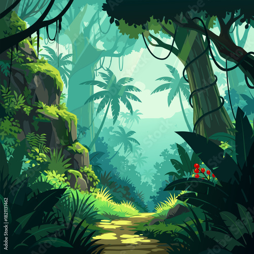 Lush Tropical Jungle Pathway Illustration with Vibrant Green Foliage