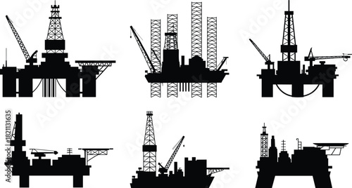 Offshore Oil Drilling Rig Silhouette Vector Collection: Petroleum Extraction Platform Icons, Oil and Gas Energy Industry, Industrial Sea Exploration Graphic, Black Production Machinery Set.