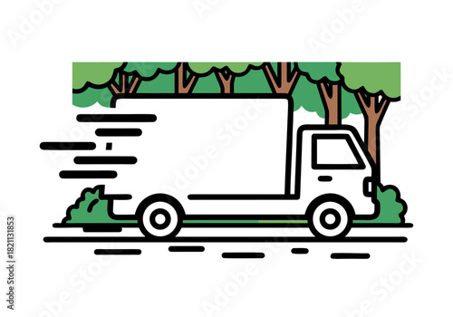 Fast Delivery Truck Speeding Through a Lush Forest Landscape Illustration, Symbolizing Efficient Global Logistics and Eco-Friendly Transport Services