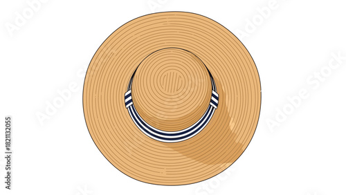 A straw hat with a blue and white striped ribbon band