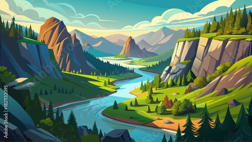 Very beautiful view of a river winding through a valley in Oregon, flanked by large rock formations on both sides, with lush greenery and clear skies enhancing the dramatic natural scenery.