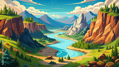 Very beautiful view of a river winding through a valley in Oregon, flanked by large rock formations on both sides, with lush greenery and clear skies enhancing the dramatic natural scenery.