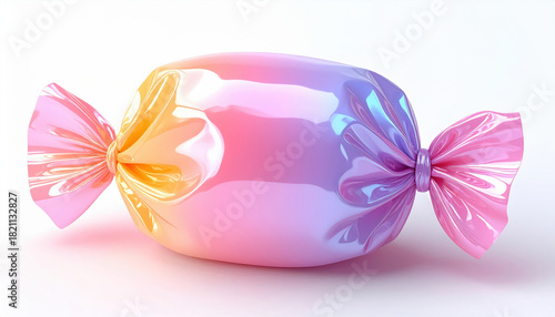 Glossy candy pastel sweet wrapped confection colorful treat shiny wrapper gradient color isolated white studio lighting soft glow cute aesthetic. Glossy candy pastel sweet wrapped confection