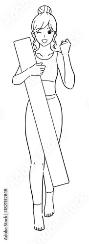 ヨガポールで体操をする女性　白黒イラスト