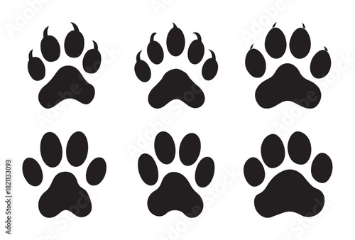 Collection of black animal paw print icons set isolated on white background, different styles of pet footprint silhouettes for veterinary, design, logo, petcare, tracking, wildlife, cat, dog