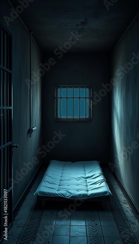 A stark, empty jail cell with a thin mattress and a barred window, highlighting the bleakness of incarceration, jail cell,  forgotten