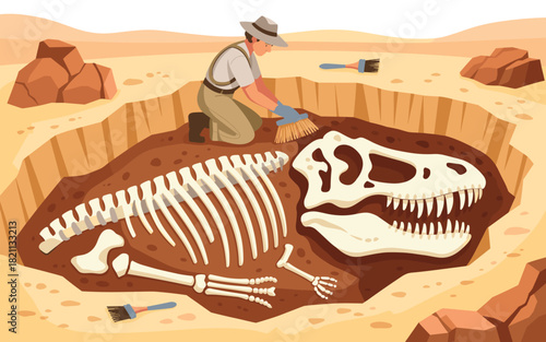 Paleontologist Unearthing a Dinosaur Skeleton in a Fossil Dig Site