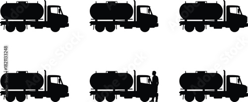 Tanker Truck Silhouette Vector Set: Fuel and Liquid Transport Vehicle Icons, Industrial Haulage and Delivery, Worker Figure Graphic, Black Transportation Machinery Collection, Logistics Concept.