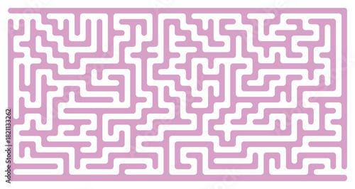 Abstract pink vector maze puzzle background with rounded path, complex labyrinth template, children game concept, flat minimal geometric design, isolated transparent PNG illustration for print or web