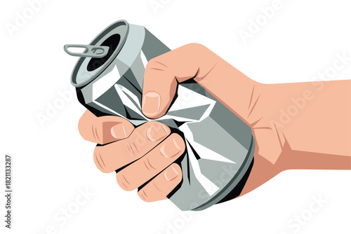 Hand crushing a silver aluminum can, symbolizing waste and recycling