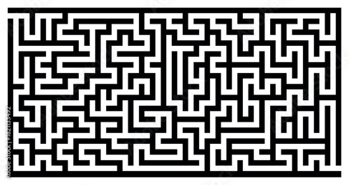 Dense black vector maze pattern with sharp edges, rectangular abstract puzzle labyrinth on transparent background, complex logic game design template for kids and adults, challenge solution concept