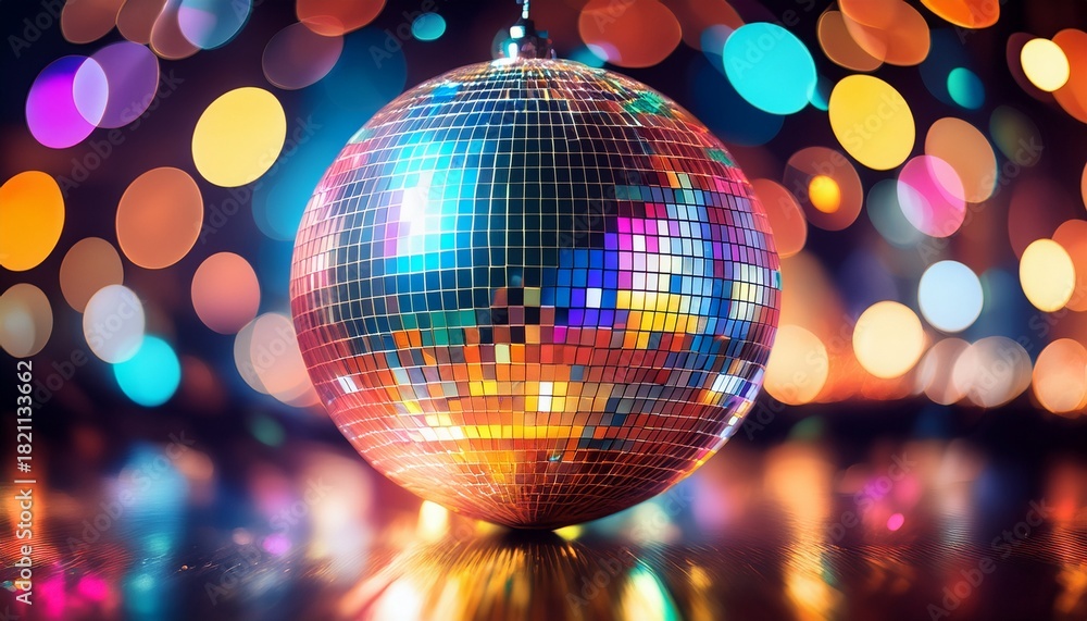 Obraz premium Shiny Disco Ball Reflecting Colorful Lights Creating A Party Atmosphere With Glowing Bokeh Effects
