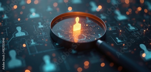 Magnifying glass focuses on glowing human icon. Digital network displays many faint user profiles. Concept of customer focus personalization analytics.
