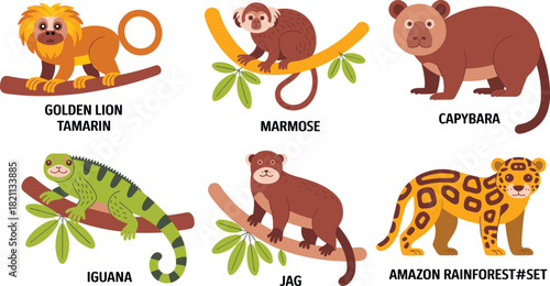 Amazon Rainforest Animals Vector Set: Golden Lion Tamarin, Marmoset, Capybara, Iguana, Jag, South American Wildlife Creatures, Tropical Fauna Graphic Collection, Exotic Nature Illustration.