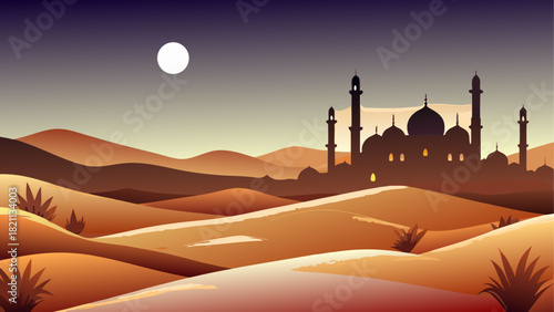 Silhouette of a mosque in the desert under moonlight
