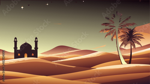 Silhouette of mosque and palms in desert landscape