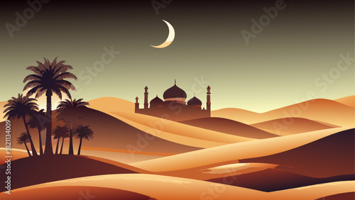 Desert landscape with mosque, moon and palm trees