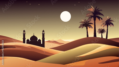 Desert landscape with mosque and palm trees at night
