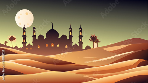 Silhouette of mosque over desert dunes at night time