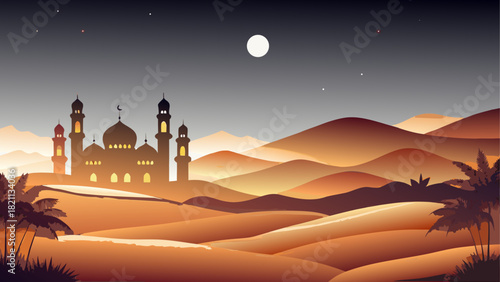 Illustration of a mosque in the desert at night