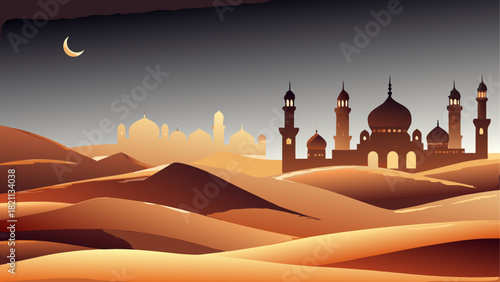 Silhouette of mosque in desert with moon at night sky