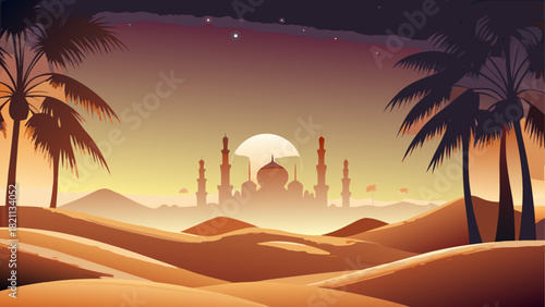 Desert landscape with palms and distant architecture