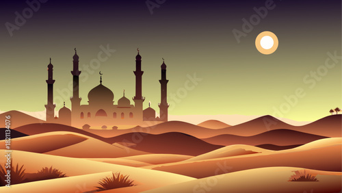 Silhouette of mosque in desert landscape at sunset