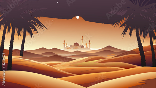 Illustration of desert landscape with mosque and palms