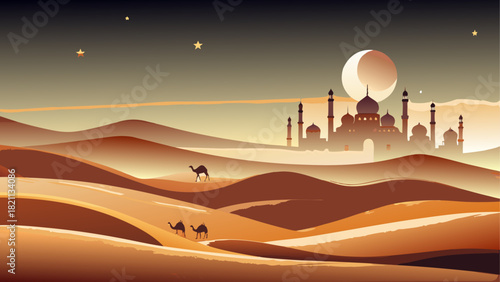 Desert landscape with camels and a distant mosque