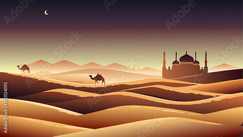 Camels and mosque in desert landscape at night time