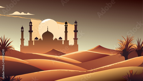 A desert landscape with a mosque silhouette view